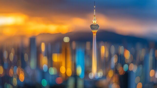 Kuala Lumpur, Malaysia is showcased in an aerial shot with its breathtaking skyline, featuring glowing neon gridlines set against a stunning backdrop of towering skyscrapers