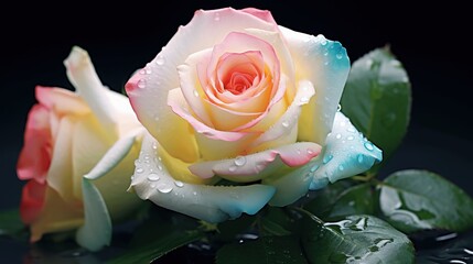 Elegant pastel rose with water droplets on dark background