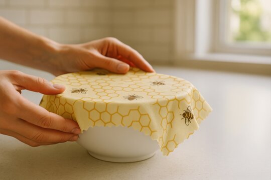 Chef covering ceramic bowl with reusable beeswax food wrap with honeycomb and bee pattern in kitchen promoting sustainable lifestyle