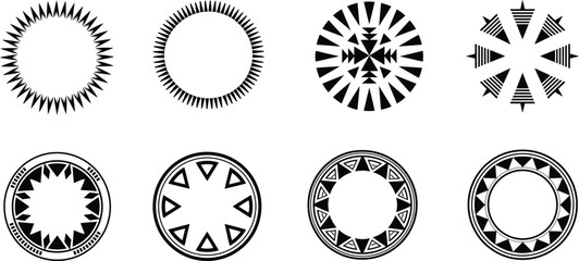 Circle Ornament Vector Set with Ethnic Geometric Sun Symbols, White Background, vector illustration