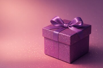 Fototapeta premium Shiny purple gift box with satin ribbon bow on sparkling background, perfect for celebrations and special occasions