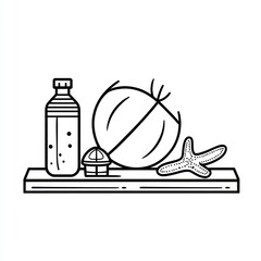 Beach essentials on shelf; water bottle, ball, starfish. Summer vacation