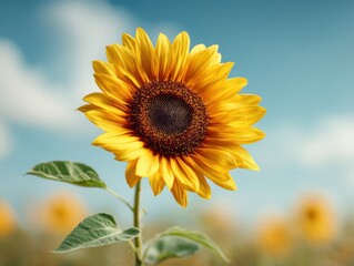 Obraz premium Bright Yellow Sunflower Against a Blue Sky, Symbolizing Summer Joy and Agricultural Abundance, Perfect for Seasonal Greetings and Farm-to-Table Promotions : Generative AI