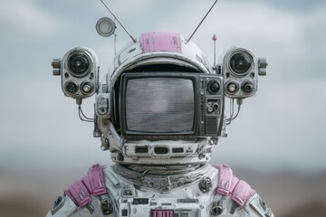 An astronaut dons a pink spacesuit and appears with a vintage television in a fantastical, skyward setting