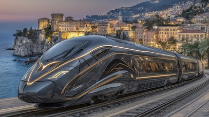 A sleek train comes to a gentle stop on a rugged coastline in a futuristic journey