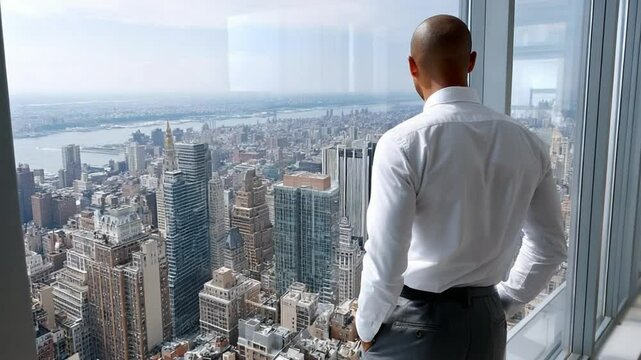Visionary's Gaze: An executive stands before an expansive window, gazing out at a bustling cityscape, contemplating the future, symbolizing ambition and leadership