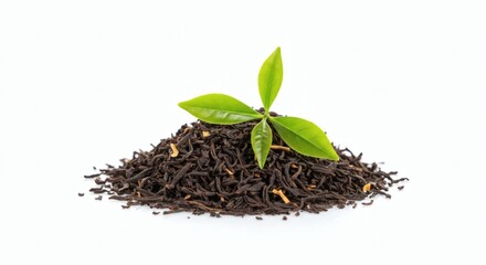 Tea Leaves Sprout Fresh Growth in Dark Pile on White Background.