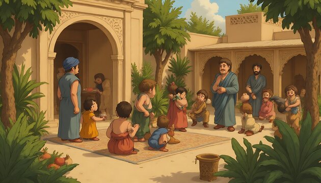 Cartoon People in Courtyard - Powered by Adobe