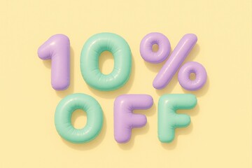 Fototapeta premium 3d rendering of pastel colored inflatable balloons forming a ten percent off sign on a yellow background