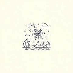 Minimalist Tropical Line Art Illustration in Blue on Beige – Palm Tree, Sun, Sea, and Monstera Leaf in Modern Abstract Style