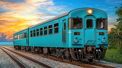 Fototapeta premium Tranquil Teal Train Journey at Sunset