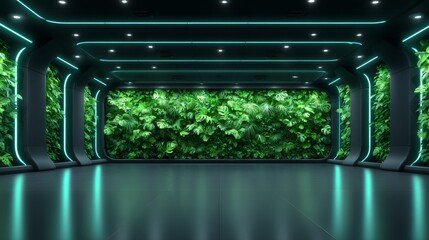 Obraz premium A cutting-edge vertical farm features vibrant, healthy leafy greens lit up by artificial lighting, demonstrating advancements in eco-friendly agricultural technology