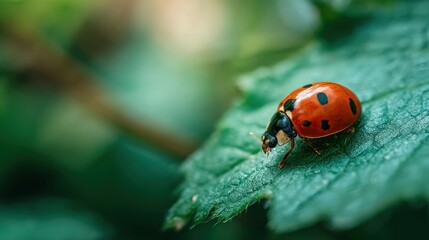Fototapeta premium Ladybug on green leaf close up photography
