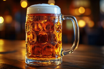 Glass of beer on table.