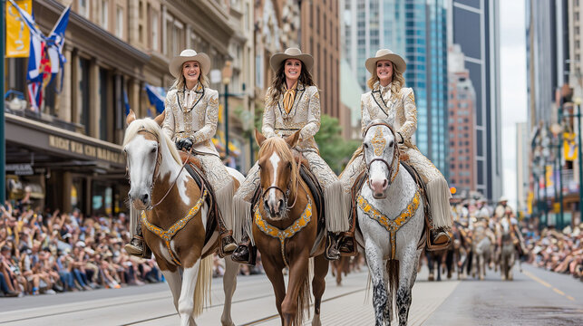 Three Women on Horses Wearing Western Outfits Ride Through Downtown Street During Calgary Stampede Parade Celebration