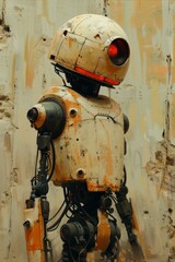 Rusted Vintage Robot Standing Against a Textured Wall in an Urban Setting Artistically Rendered