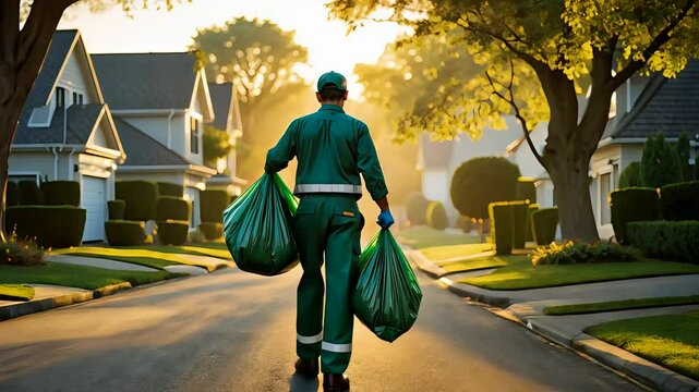 Determined Sanitation Worker Walking Through Quiet Suburban Street at Sunrise