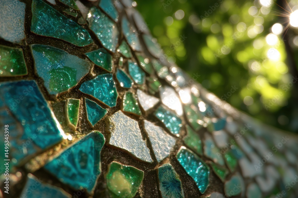 Poster close-up of a mosaic wall in teal and white, symbolizing creativity and artistic expression for inte