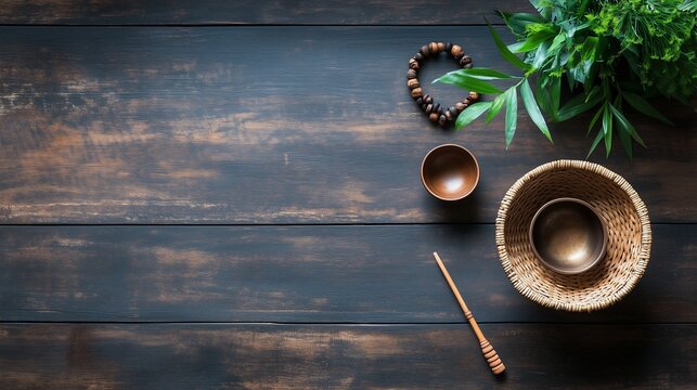 Overhead shot of a Balinese offering basket (woven palm leaf), a Scottish tartan fabric scrap (navy and green), a Tibetan singing bowl (polished copper), and a Hawaiian kukui nut lei (dark brown bead