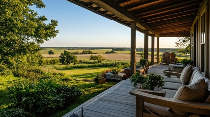 Obraz premium Scenic porch view of rural landscape with seating and architectural details