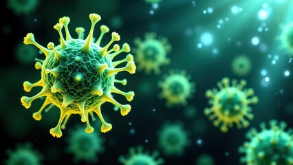 Close-up Illustration of Virus Structure with Green Glow and Details
