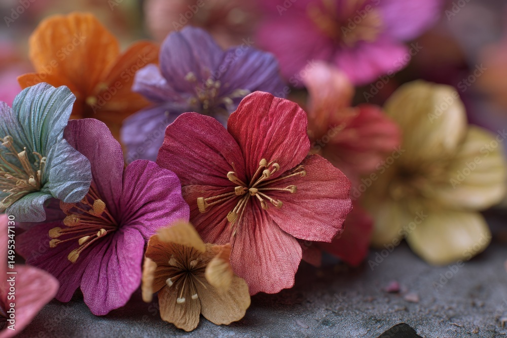 Poster close-up of colorful fabric flowers on concrete surface, symbolizing springtime renewal and artistic