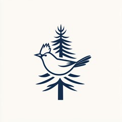Obraz premium Bird perched on pine tree, nature, forest background; logo design