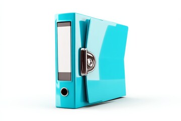 Colorful turquoise binder placed on a white surface, showcasing organization for school or office supplies and documents
