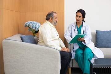 advice, consult : Hispanic female nutritionist doctor giving advice, consult to fat man stroke patient, Preventive Medicine Health Check-up in Progress