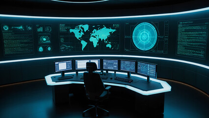 Sleek control room featuring curved desk and multiple screens with a world map in bright cyan.