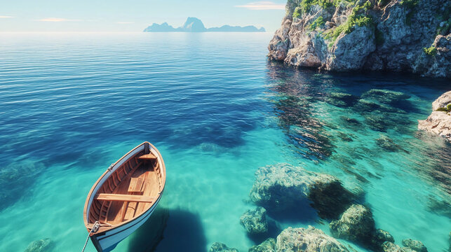 Wooden boat floats gently on crystal clear water, perfect scene of sea, and rocky cliffs.