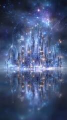 A blue planet and starry sky serve as the backdrop for a futuristic city filled with glowing lights and flying vehicles