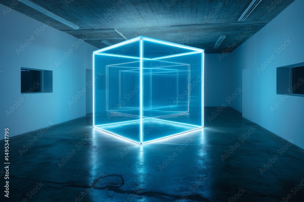 Poster neon light installation creates an immersive experience in a modern art gallery in the evening time