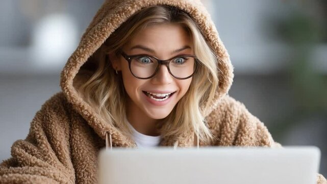 Surprised Woman on Laptop: A young woman wearing a cozy brown hooded sweater and glasses looks at her laptop with a surprised and happy expression.