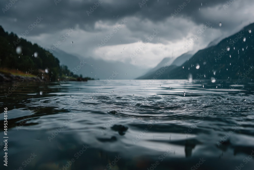 Poster Rain Falling on a Mountain Lake With Overcast Sky, Evoking Serenity and a Sense of Environmental Awareness : Generative AI