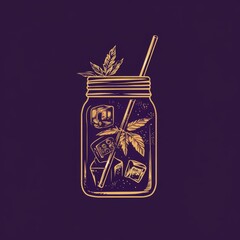Refreshing Infusion of Mint and Ice Cubes in Glass Jar Drawing With Straw and Leaves Illustration
