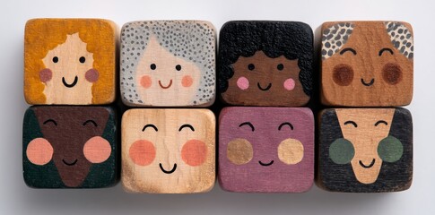 Wooden blocks with illustrated people come in a variety of styles, promoting unity and inclusivity