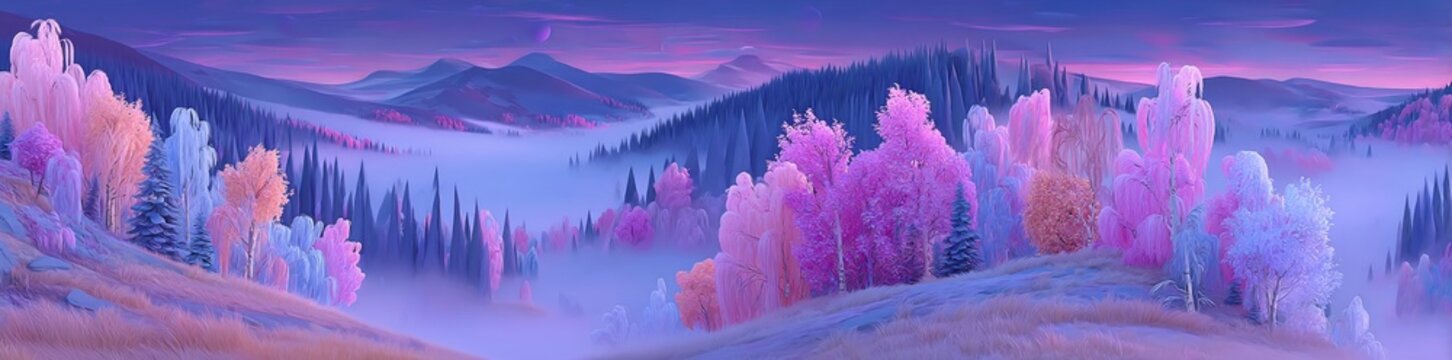The mosaic of fall colors and spruce tree skyline are set against an undulating topography and atmospheric haze in a high-resolution photograph of a northern frontier vista at dusk