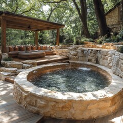 Fototapeta premium Tranquil Outdoor Spa Oasis with Waterfall and Lounge Under Elegant Wood Pergola in Lush Garden
