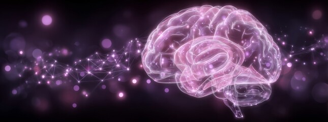Obraz premium An abstract representation of autism features a pink line connection that symbolizes the brain, all set against a glowing black polygonal background