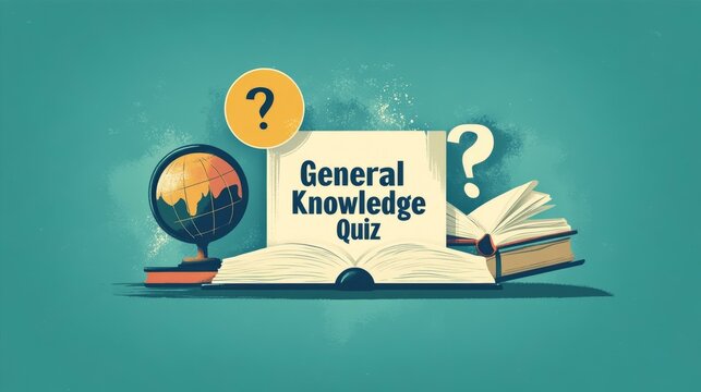 General Knowledge Quiz Challenge Featuring Open Book Globe and Question Marks Teal Background