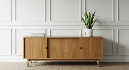 A wooden sideboard with a plant against a paneled wall, creating a modern, minimalistic look.