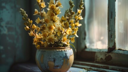 Rustic interior charm with yellow flowers in ceramic vase by sunlit window