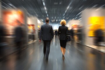 Obraz premium Business professionals walking through a busy art exhibition hall during a networking event in the early evening