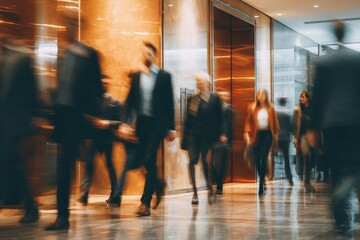 Busy professionals walking through a modern office lobby during a workday in an urban business district