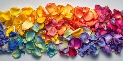 Obraz premium Rainbow Colored Rose Petals Arranged in Gradient, Symbolizing Diversity and Inclusion, Perfect for Wedding or Anniversary Invitations and Celebrations : Generative AI
