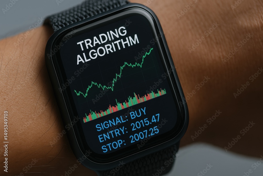 Poster hand wearing smartwatch displaying trading algorithm with buy signal and price chart data