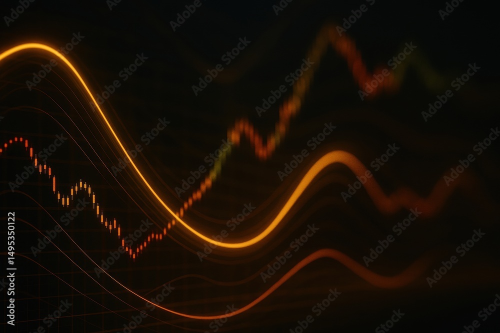 Poster abstract financial data visualization with colorful curves and lines on dark background