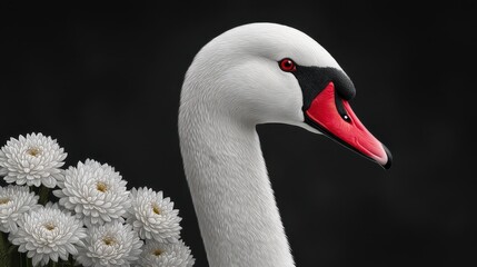 Fototapeta premium White Swan and Chrysanthemums Close up Portrait Against Dark Background