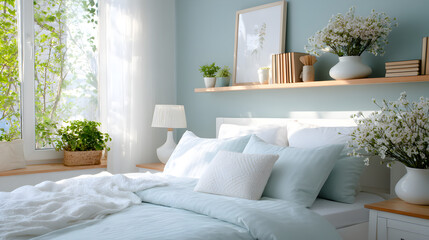 A light-filled bedroom with pastel blue sheets, white headboard, and a calm minimal shelf of books above, diffused daylight from an open window 22438790 1